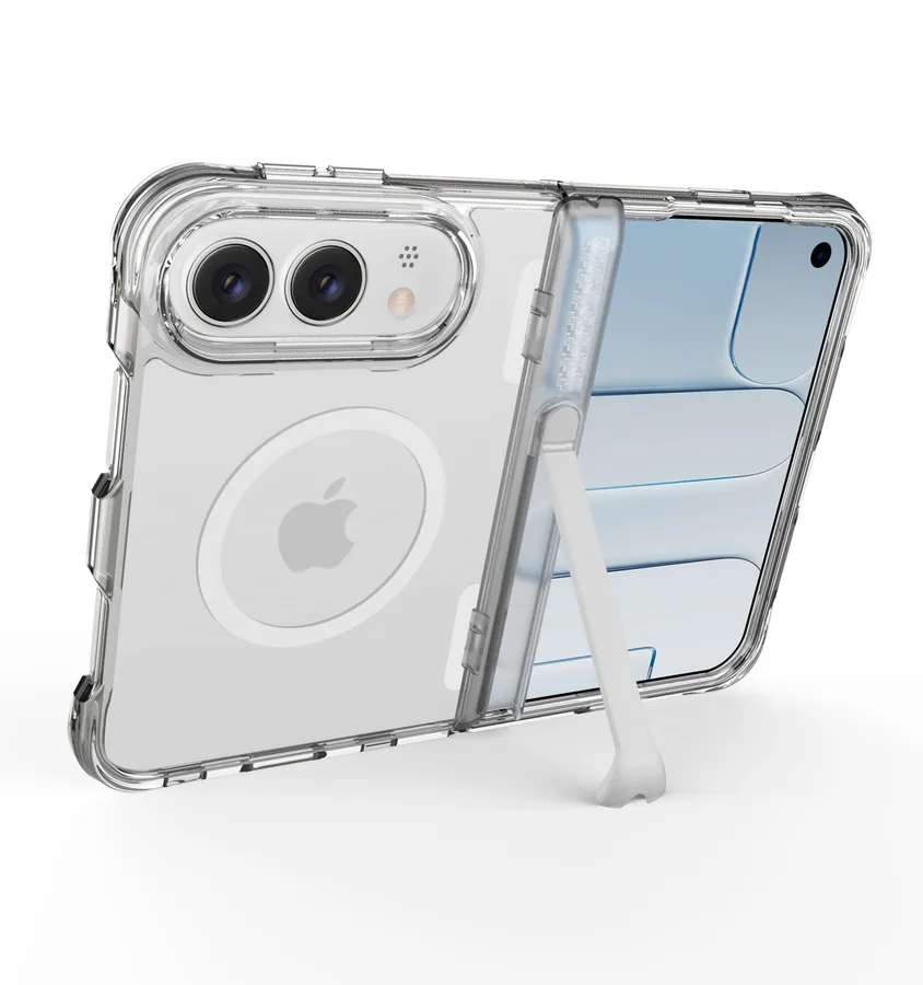 iFunSmart premium clear case with precision hinge, integrated pro kickstand and embedded magnetic array — 3D render on white
